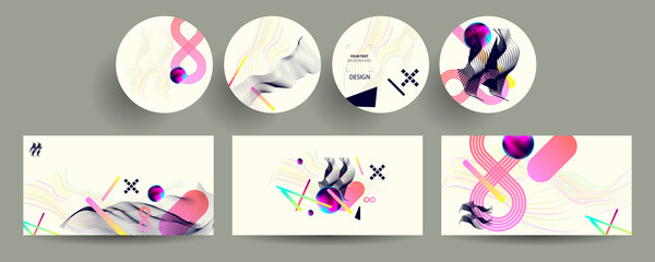 Set Summer Abstract artist new vector background with colorful bright lines shapes. Artistic art social media post design template. Universal layout with brush stroke