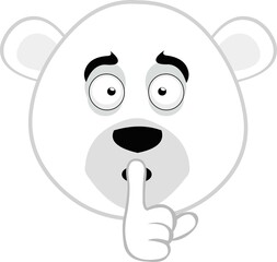 Vector illustration of the face of a cartoon polar bear asking for silence with the index finger in the mouth