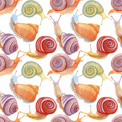 Watercolor vector illustration of seamless pattern with snails
