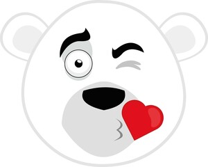 Vector illustration of a cartoon polar bear face giving a heart-shaped kiss