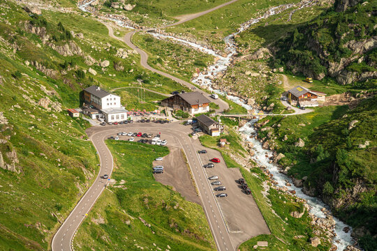 Sustenpass, Switzerland - August 8, 2021: The Susten Pass (2224 m high) connects the Canton of Uri with the Canton of Bern. The pass road is 45 km long and is one of the newer ones in the Swiss Alps.