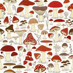 Seamless pattern with cartoon mushrooms and field plants - 496210534