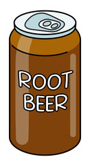 Doodle cartoon style root beer in a can. Traditional refreshing soft or alcohol drink, cocktail ingredient. For card, stickers, posters, bar menu or cook book recipe.
