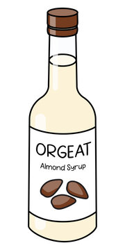 Doodle cartoon orgeat almond syrup in a bottle. Sweet sugar cocktail ingredient. For card, stickers, posters, bar menu or cook book recipe.
