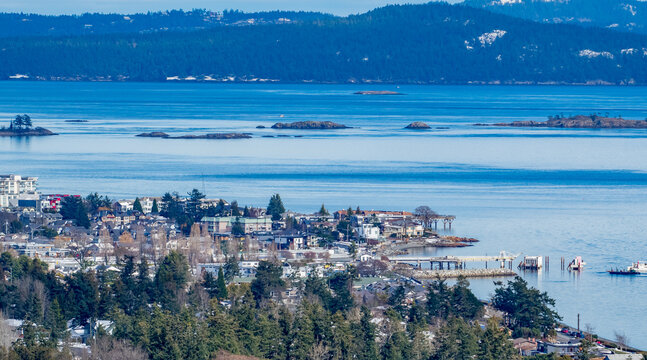 Aerial townscape and ocean view, Sidney, British Columbia, Canada