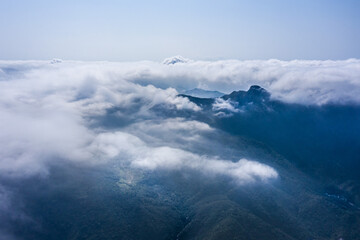 Aerial view of countryside landscape in a foggy day. Sai Kung, Hong Kong