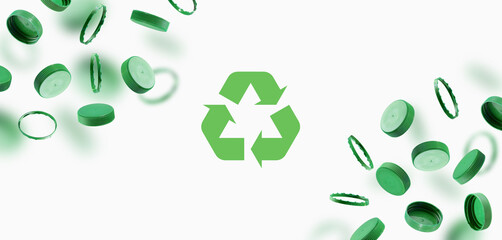 Green bottle caps, recycling symbol on a white background. Plastic caps floating in the air. The concept of safety from environmental damage. The idea of environmental sustainability and Earth Day