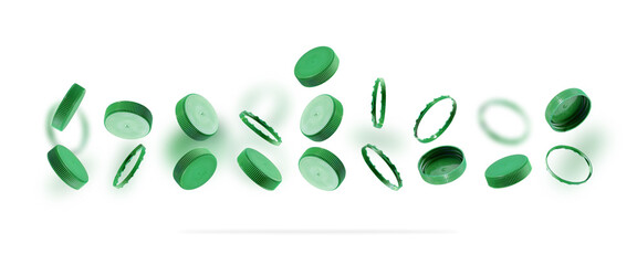Green bottle caps for recycling on a white background. Plastic caps levitating, floating in the air. The concept of safety from environmental damage. The idea of environmental sustainability. Banner