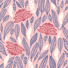 Floral Leaves Seamless Pattern with hand drawn blooming