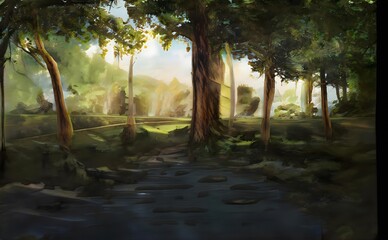 a painting of a wooded path that is running through the forest