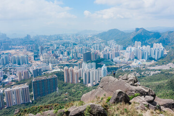 Hiker on trail Looking toward Lion Rock. located in Kowloon Peak, Tallest mountain in Kowloon, Hong Kong.