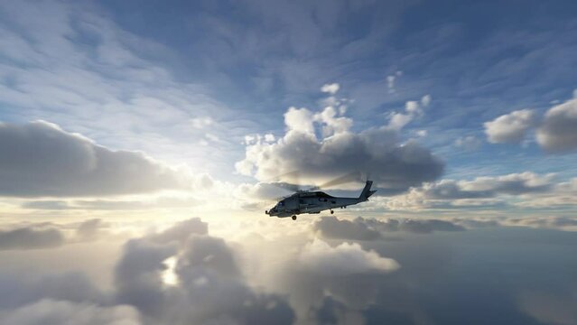 Helicopter flying between clouds above the ocean. Military helicopter heading towards a rescue mission