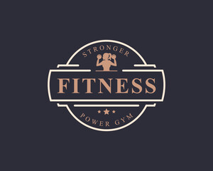Vintage Retro Badge Fitness Center and Sport Gym Logos typographic with Sport Equipment Signs and Silhouettes