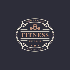 Vintage Retro Badge Fitness Center and Sport Gym Logos typographic with Sport Equipment Signs and Silhouettes