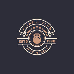 Vintage Retro Badge Fitness Center and Sport Gym Logos typographic with Sport Equipment Signs and Silhouettes