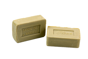 Marseille, France on December 10, 2020, Marseille soap natural, Multicolor soaps handmade with organic oil of Olive, on white background