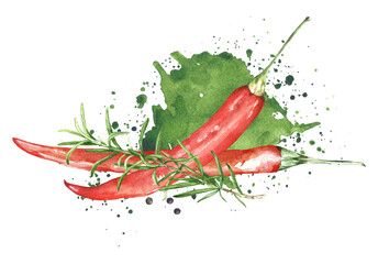 botanical watercolor illustration red pepper, rosemary.  