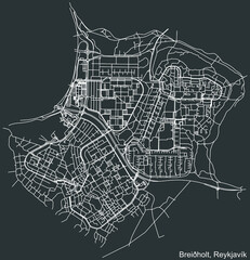 Detailed negative navigation white lines urban street roads map of the BREIÐHOLT DISTRICT of the Icelandic capital city of Reykjavik, Iceland on dark gray background
