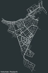 Detailed negative navigation white lines urban street roads map of the VESTURBÆR DISTRICT of the Icelandic capital city of Reykjavik, Iceland on dark gray background