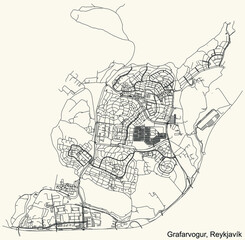 Naklejka premium Detailed navigation black lines urban street roads map of the GRAFARVOGUR DISTRICT of the Icelandic capital city of Reykjavik, Iceland on vintage beige background