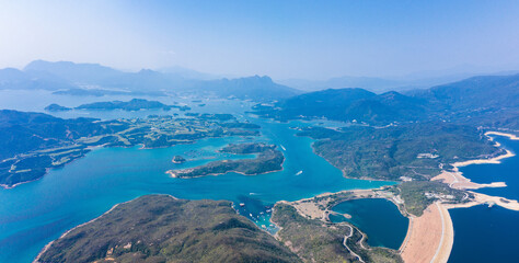 wide angle aerial view of high island reservoir, far south eastern part of Sai Kung Peninsula, Hong...
