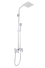 Photo of a shower column on a white background. Bathroom design. Elements in the interior. Water procedures increase the general tone of the body, they are also necessary for daily human hygiene.