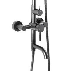 Photo of a shower column on a white background. Bathroom design. Elements in the interior. Water procedures increase the general tone of the body, they are also necessary for daily human hygiene.