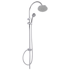 Obraz premium Photo of a shower column on a white background. Bathroom design. Elements in the interior. Water procedures increase the general tone of the body, they are also necessary for daily human hygiene.