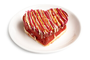 Homemade festive delicious baked cake in heart shaped isolated on white background, good for Valentine's day presented for Love. Clipping path