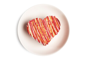 Top view of homemade festive delicious baked cake in heart shaped isolated on white background, good for Valentine's day presented for Love. Clipping path