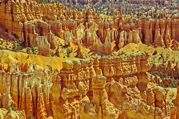 Bryce Canyon National Park, Utah. Giant natural amphitheaters, hoodoos, delicate and colorful pinnacles, red, orange, and white colors of rocks