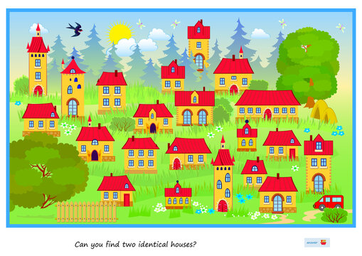Logic puzzle game for children and adults. Can you find two identical houses? Page for kids brain teaser book. Task for attentiveness. IQ test. Play online. Underwater life. Vector cartoon image.