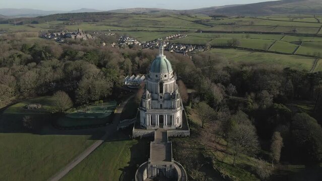 Aerial flight to Ashton Memorial on hill overlooking Lancaster England