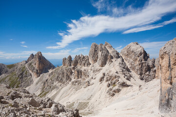 Dolomites landscape, trekking path in high mountain.