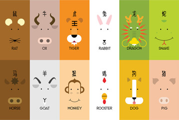 12  Chinese zodiac animals and Chinese characters, Chinese wording translation: rat, ox, tiger, rabbit, dragon, snake, horse, goat, monkey, rooster, dog, pig. Vector illustration.