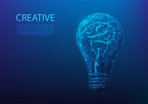 human brain light bulb low poly wireframe. creative idea innovation. learning startup lamp symbol. vector illustration digital technology design.