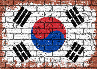 レンガの壁に描かれた韓国国旗（太極旗）のベクター素材