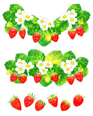 イチゴの果実・花・葉っぱの水彩イラスト素材集　フルーツの手描きイラストセット