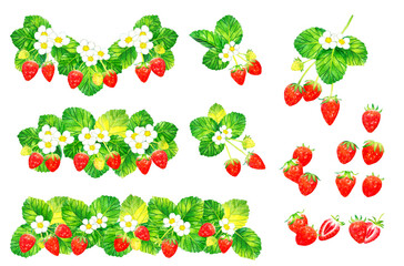 イチゴの果実・花・葉っぱの水彩イラスト素材集　フルーツの手描きイラストセット