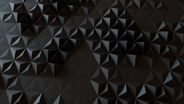 Black Abstract Surface with Triangular Pyramids. Futuristic, Dark 3d Background.
