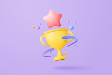 3d winners minimal with golden cup, gold winners stars with objects floating around on gold background. Award ceremony concept with cartoon style. 3d vector render isolated on yellow pastel background