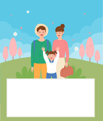 Father, mother and child are smiling happily. park background. flat design style vector illustration.