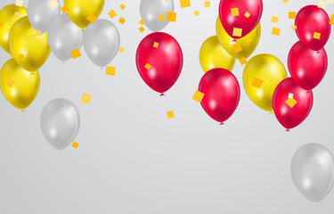 Gold and Red White balloons with confetti on white background. Celebration background design.