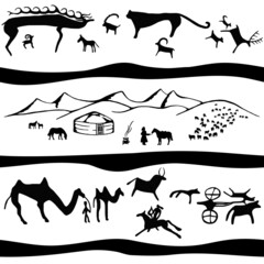 Fototapeta premium Seamless pattern on the theme of rock paintings and life of Altai, vector design
