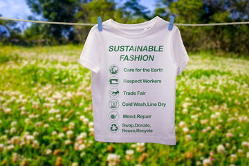 Sustainable Fashion text and icons on shirt on line, sustainable fashion ethical consumerism concept - obrazy, fototapety, plakaty