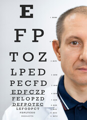 Portrait of an ophthalmologist with a multi-exposure letter table to check the clarity of vision.