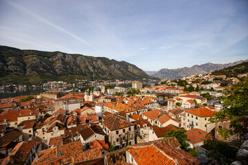 Fototapeta na wymiar Old Houses of Kotor historical town, view from above, Unesco Heritage, Montenegro