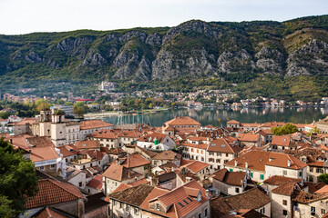 Fototapeta na wymiar Old Houses of Kotor historical town, view from above, Unesco Heritage, Montenegro