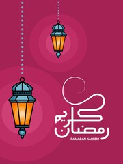 Ramadan Kareem and eid mubarak greeting card design. with moroccan lantern ornament isolated on red background, arabic calligraphy which means ramadhan kareem, vector illustration.