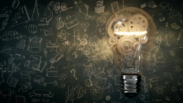 Gears rotate inside bulb. Creativ idea mechanism. 3d render animation.